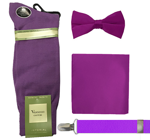fashion socks, bow tie, suspenders and hankie sets grape purple